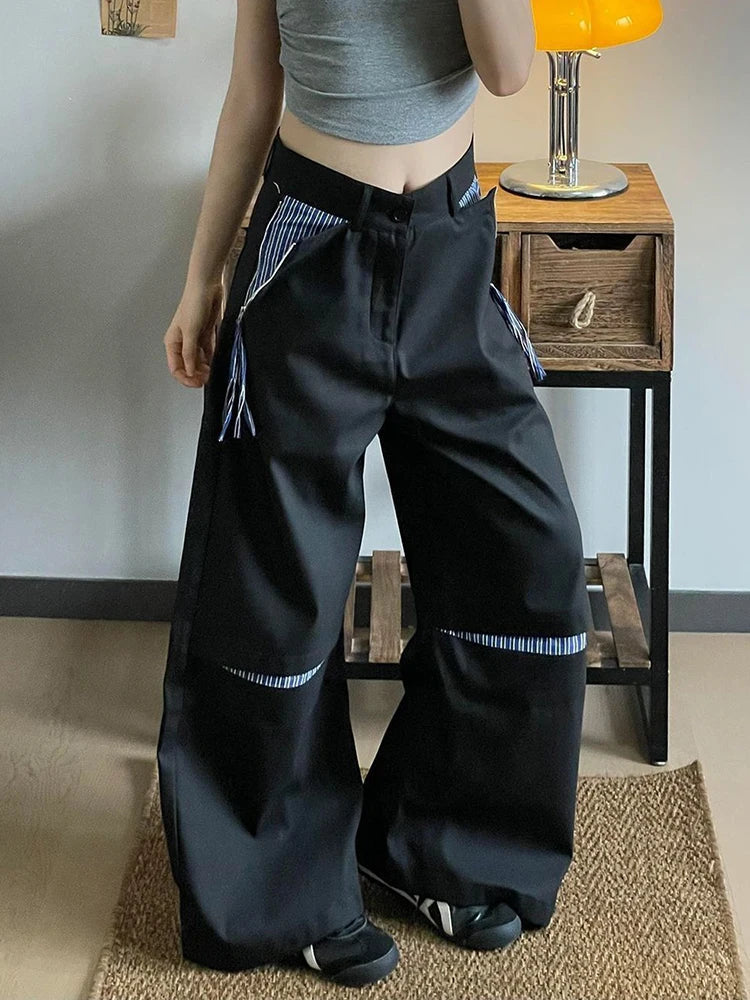 Lässige, bequeme Vintage-Patchwork-Hose mit weitem Bein