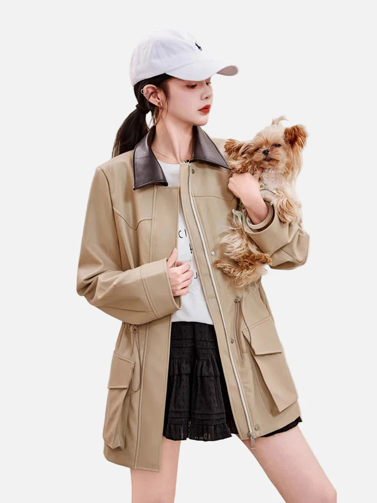 Manteau mi-long à taille élastiquée avec cordon de serrage en similicuir