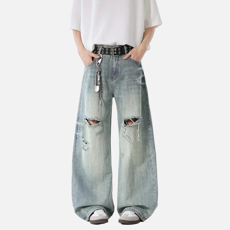 Streetwear Blaue Baggy-Jeans mit Rissen und weitem Bein