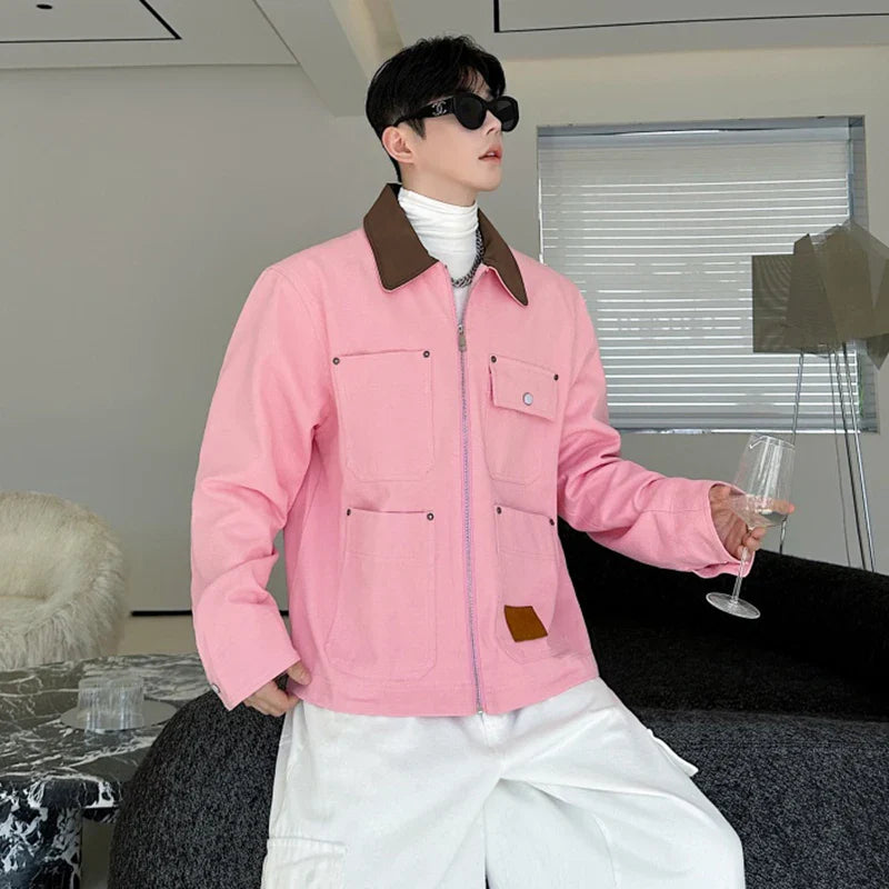 veste en jean rose à col rabattu style coréen