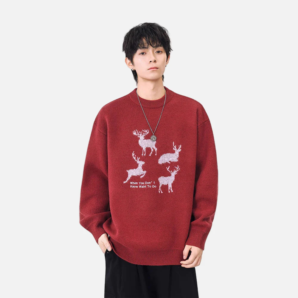 Bequemer Pullover mit Hirsch- und Weihnachtsmann-Print