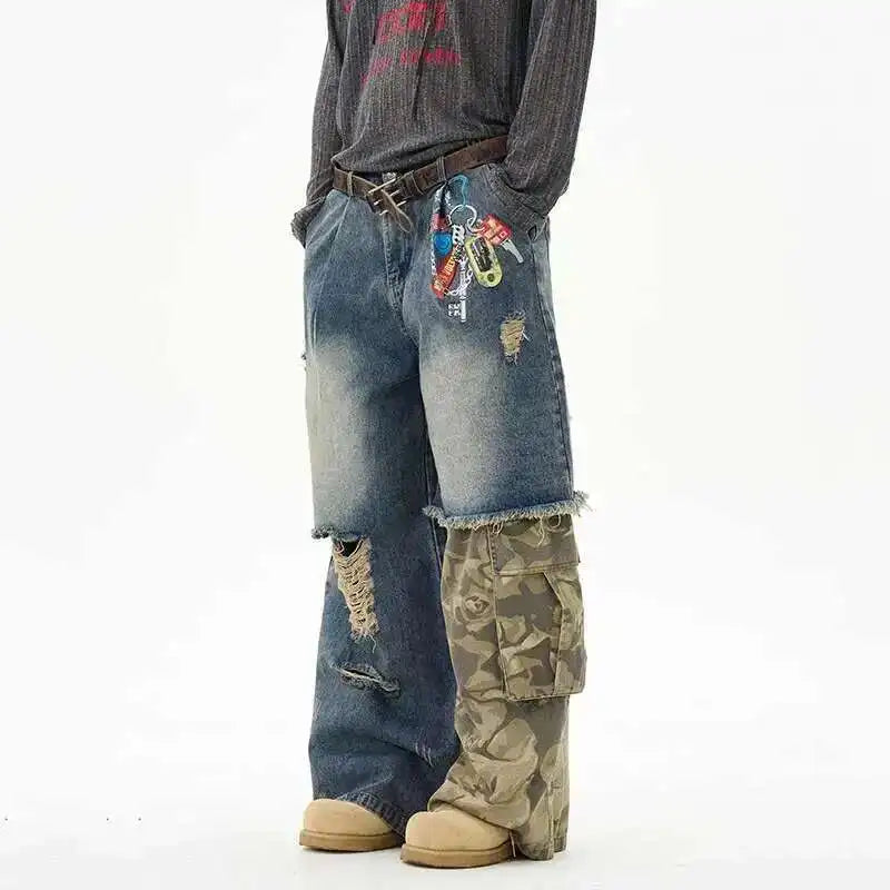 Langlebige Jeans mit Retro-Camouflage-Print und Spleißdesign
