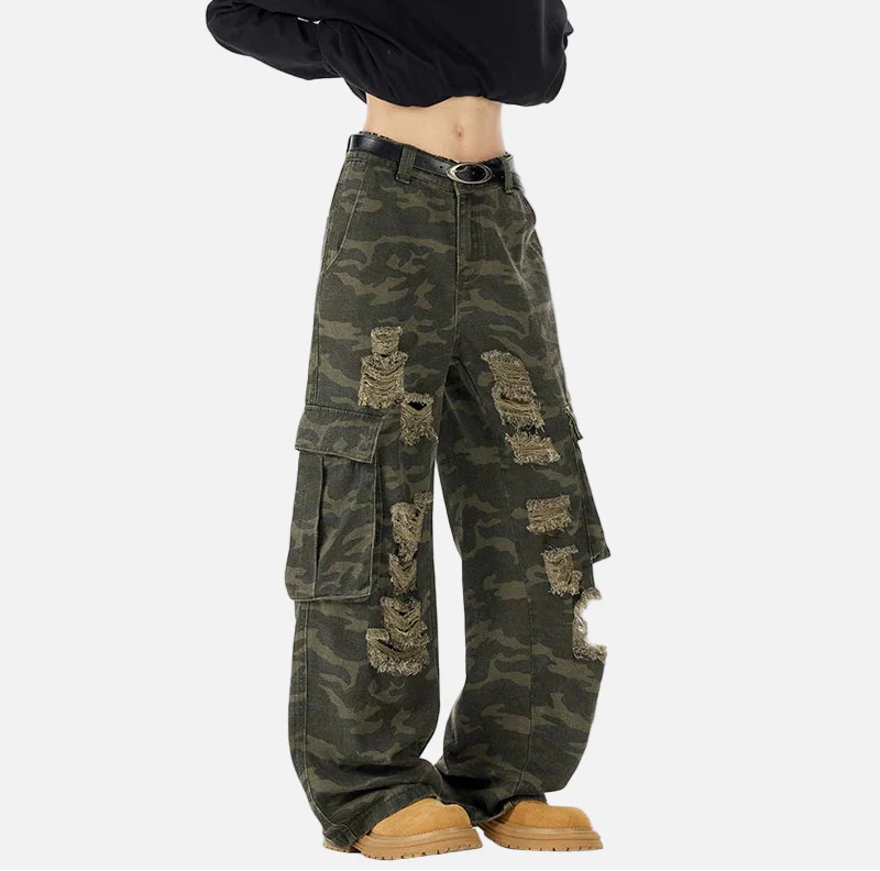 Camouflage Loose Ripped Straight Leg Cargo Jeans