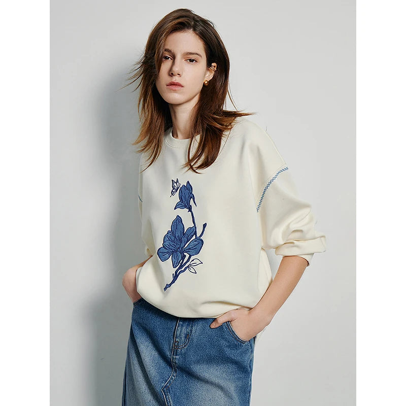 Damen-Sweatshirt mit floraler Applikationsstickerei