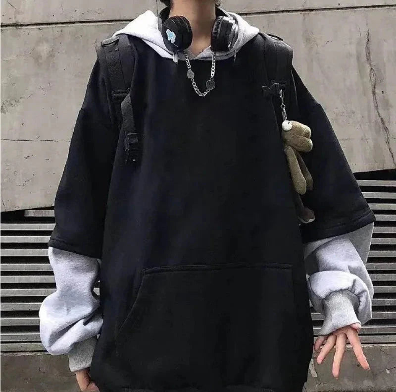 Sweat à capuche noir oversize patchwork streetwear Y2K