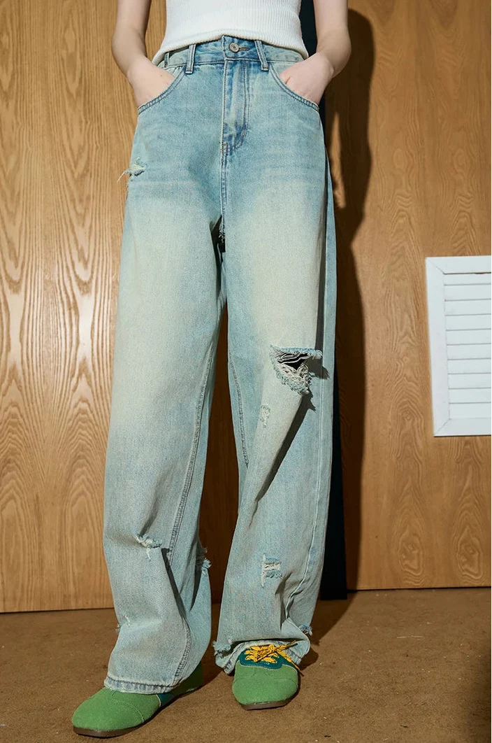 Streetwear High Waist Distressed Wide Leg Jeans