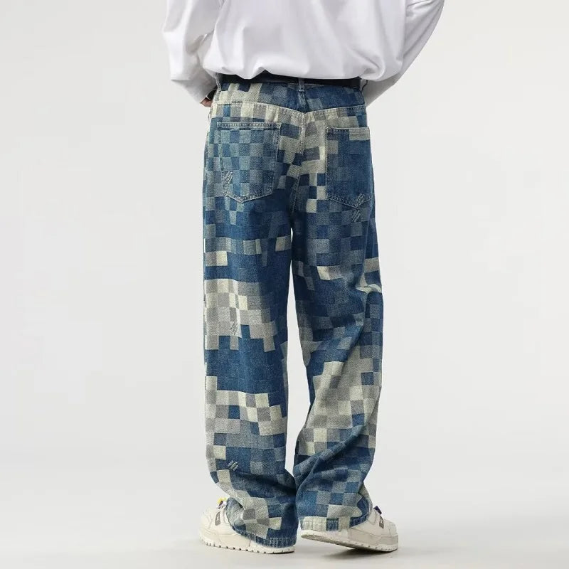 Jeans imprimés à damier mosaïque vibrante