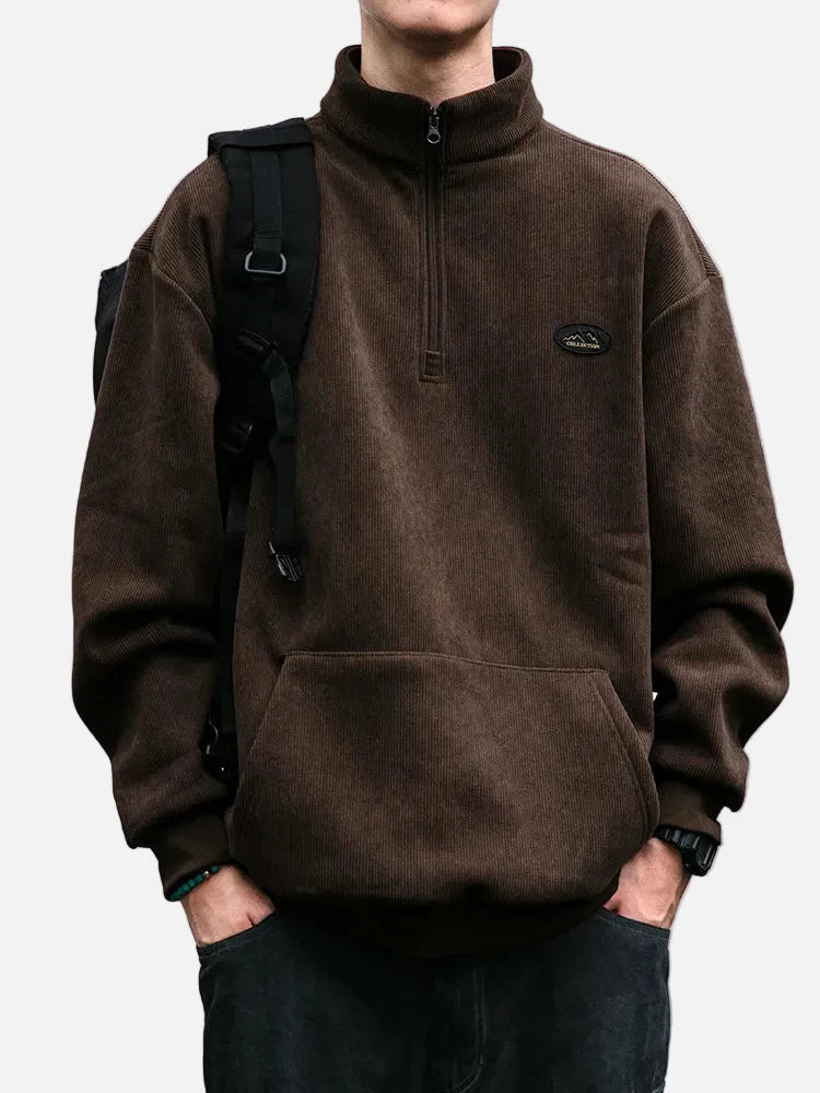 Japanisches Streetwear Cord-Sweatshirt mit halbem Reißverschluss