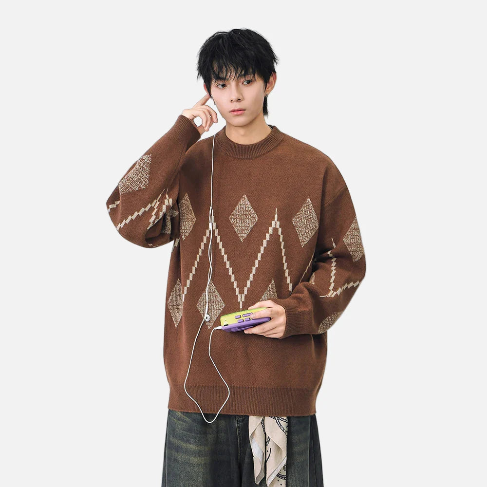 Gemütlicher klassischer Argyle-Strickpullover mit Rundhalsausschnitt