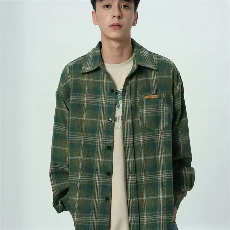 Chemise streetwear à carreaux décontractée à revers automne vintage