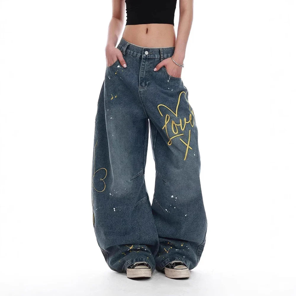 Damen bestickte Retro-Jeans im amerikanischen Stil mit geradem Bein