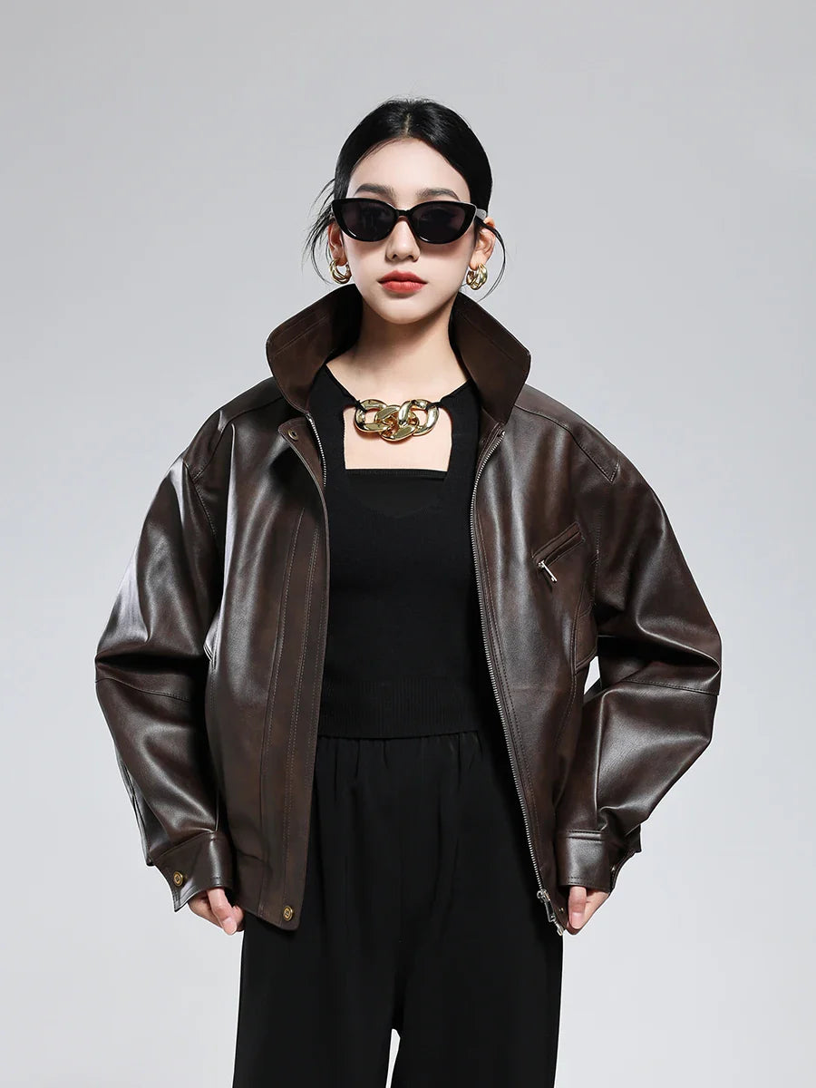 Veste en cuir PU marron vieilli, style décontracté et luxueux