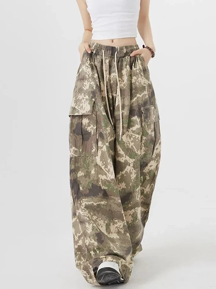 Damen Vintage High Waist Camouflage Cargohose