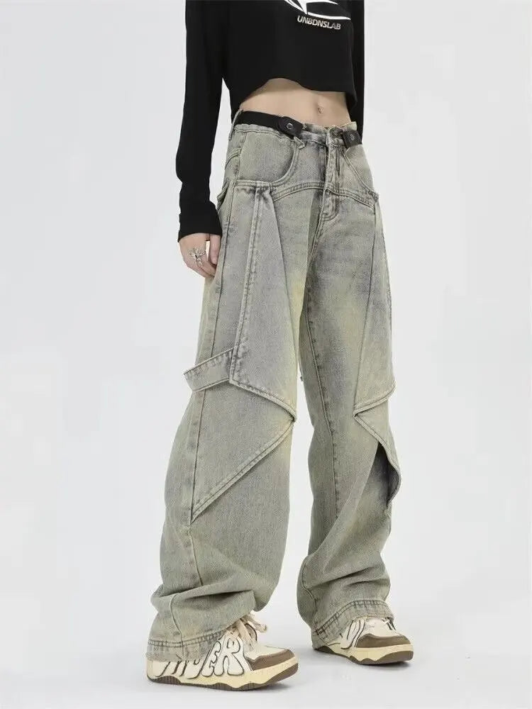Kuschelige Patchwork-Jeans aus Denim mit weitem Bein