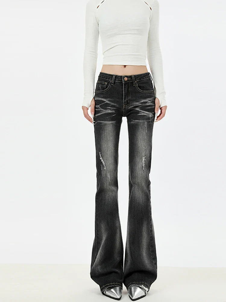 Vintage-Jeans mit Rissen, Bootcut-Schlaghose, Damen