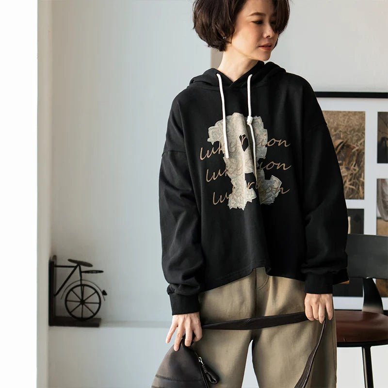 Sweat à capuche noir imprimé lettres style coréen