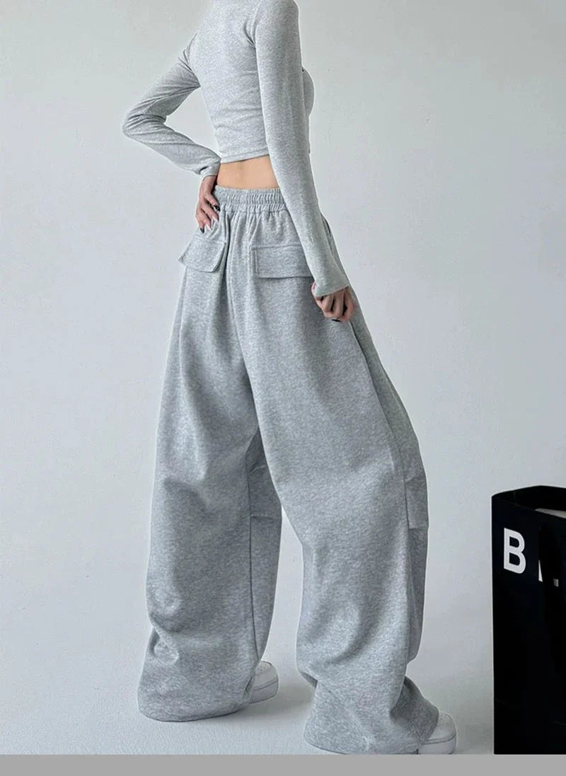 Damen Retro Vintage High Waist Wide Leg Jogginghose
