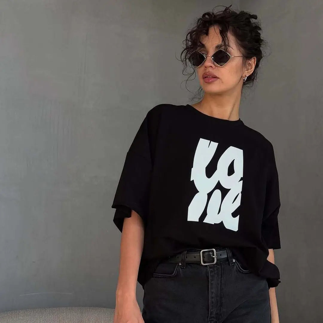 Y2K-T-Shirt aus Baumwolle mit russischem Buchstabenprint, locker geschnitten