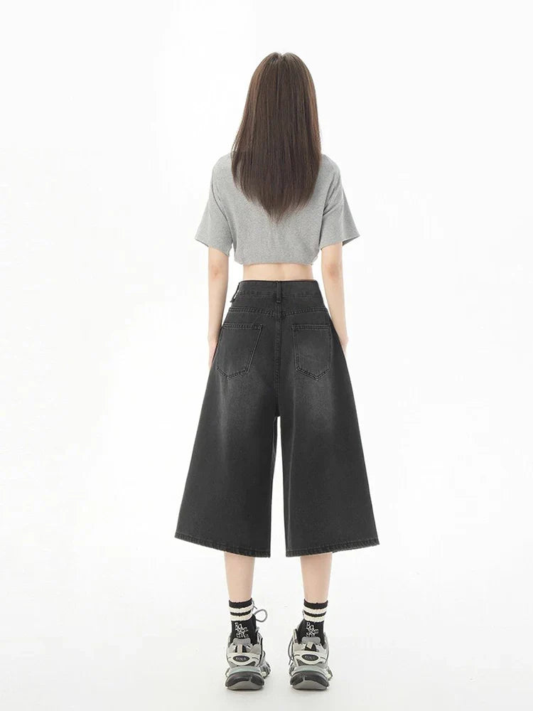 Short en jean noir à jambes larges pour femme, style décontracté chic