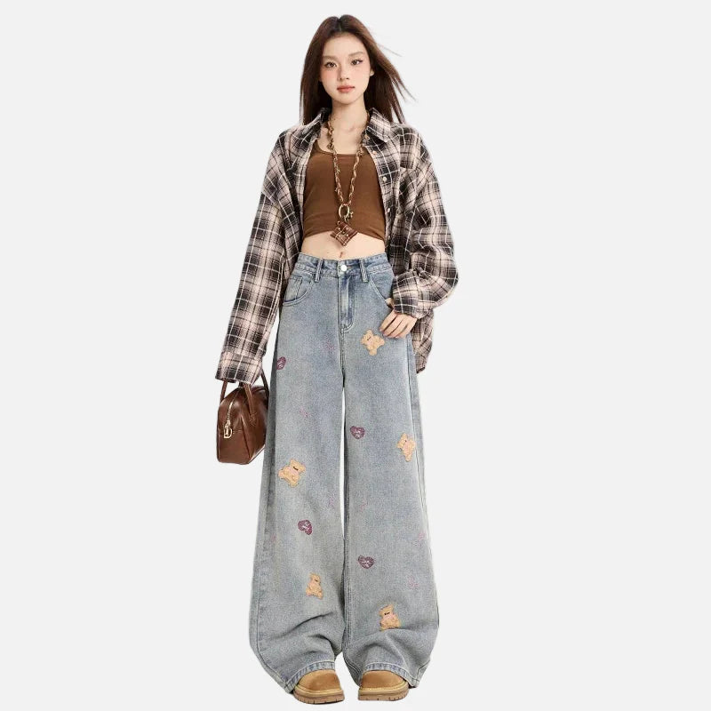 Retro Loose Denim Jeans mit besticktem Bärenmuster