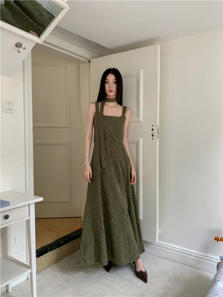 Robe vintage verte en jacquard pour femme