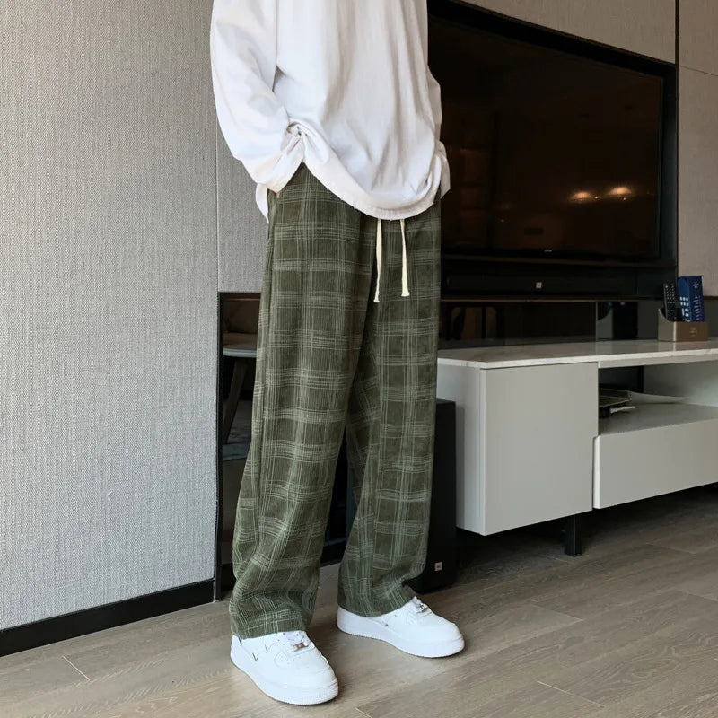 Pantalon décontracté ample en velours côtelé à carreaux