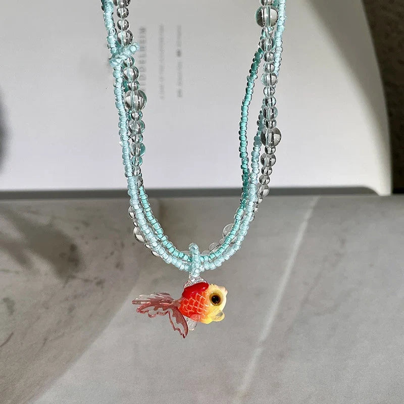 Collier pendentif poisson rouge bohème mignon