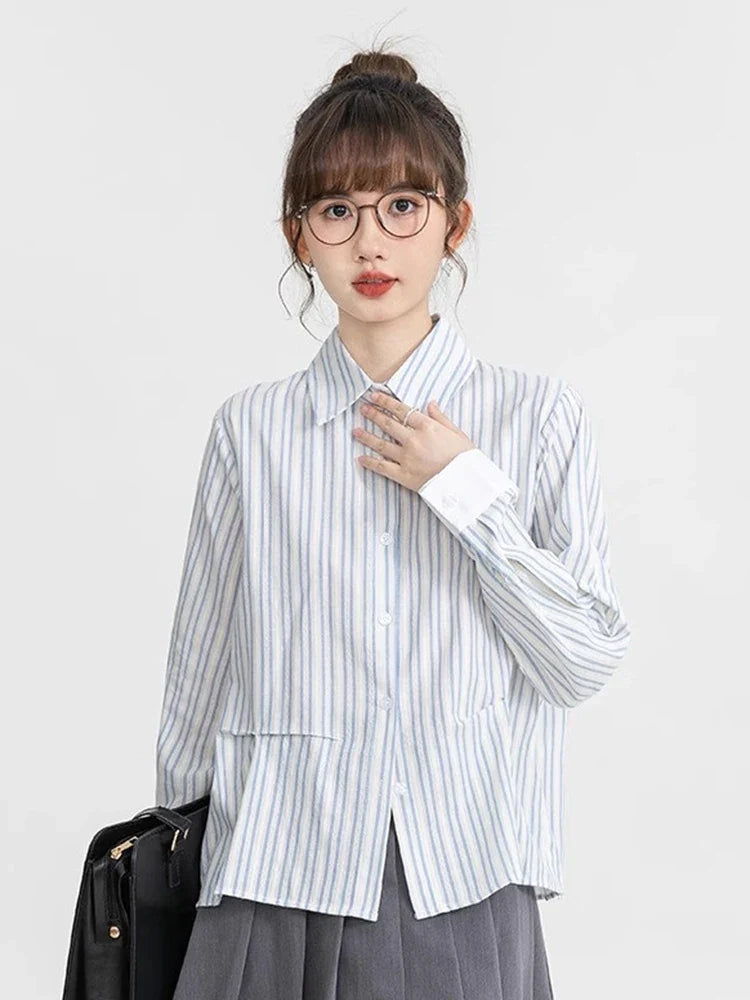 Chemise longue rayée pour femme, style preppy rétro et doux