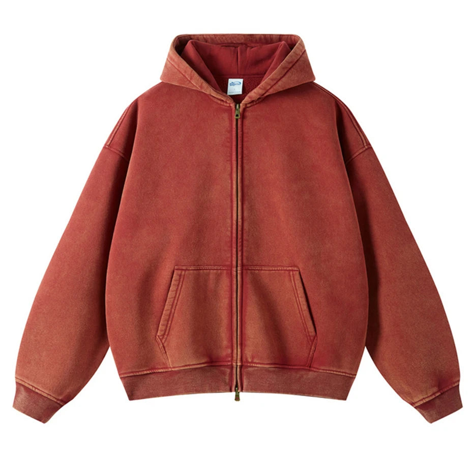 Sweat à capuche zippé vintage délavé pour homme