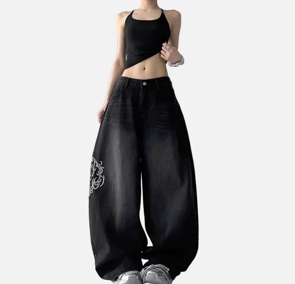 Strapazierfähige, bestickte Jeans mit weitem Bein