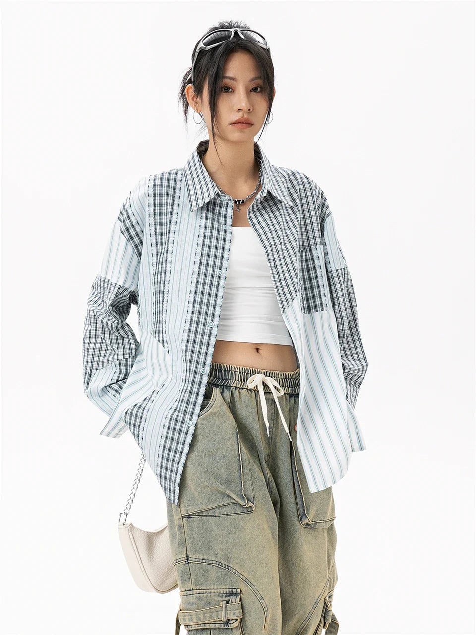 Chemisier oversize à carreaux patchwork pour femme