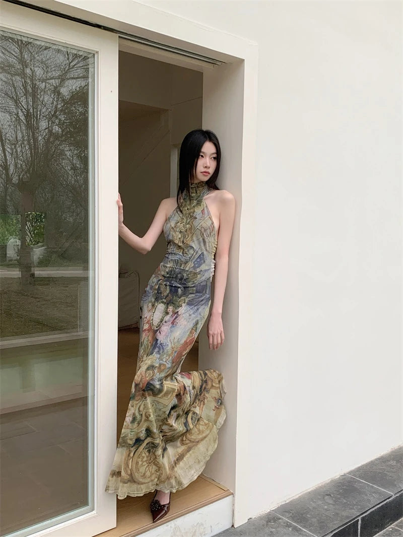 Y2K Renaissance Oil Painting Maxi Dress