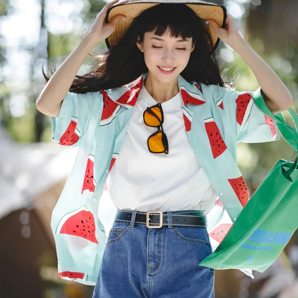 Chemise de plage à col ample et imprimé pastèque