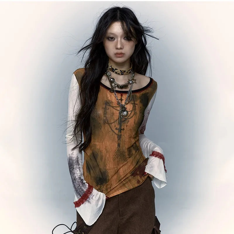T-shirt vintage japonais Y2K en maille