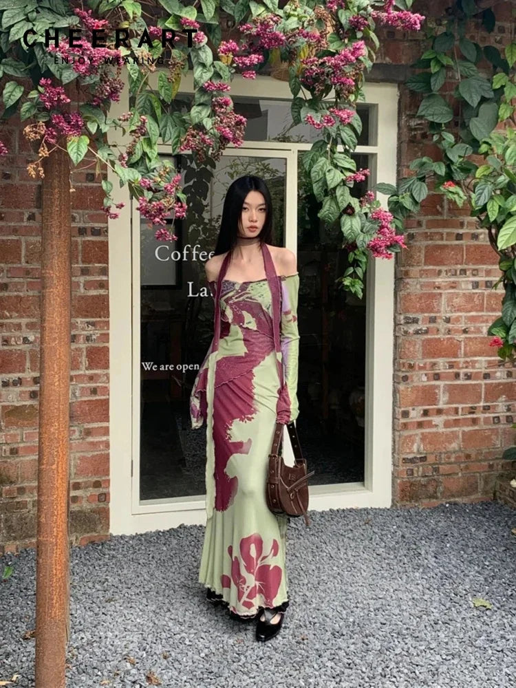 Y2K Off-Shoulder Mesh Maxi Dress