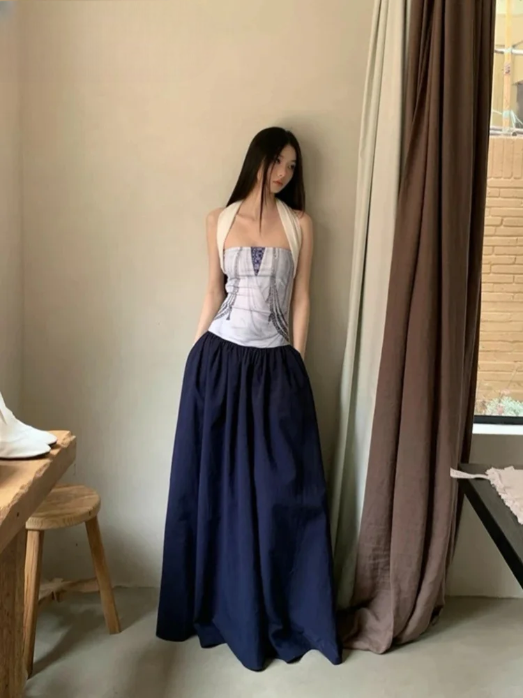 Designer Backless Patchwork Halter Long Women’s Dress