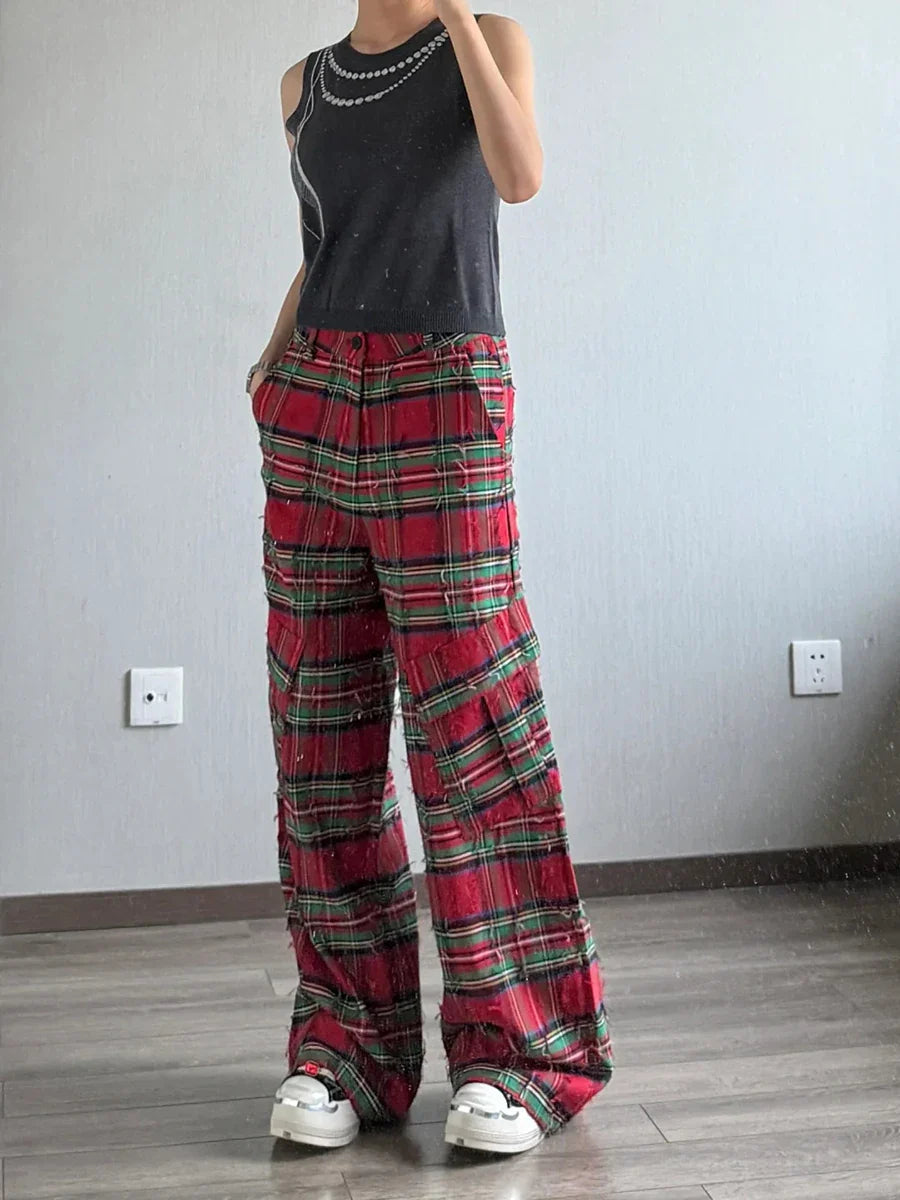 Pantalon cargo ample à carreaux rouges style grunge taille haute
