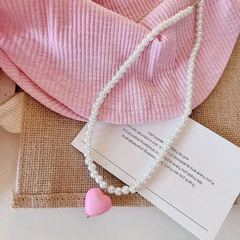 Handmade Pink Heart Pendant Pearl Necklace