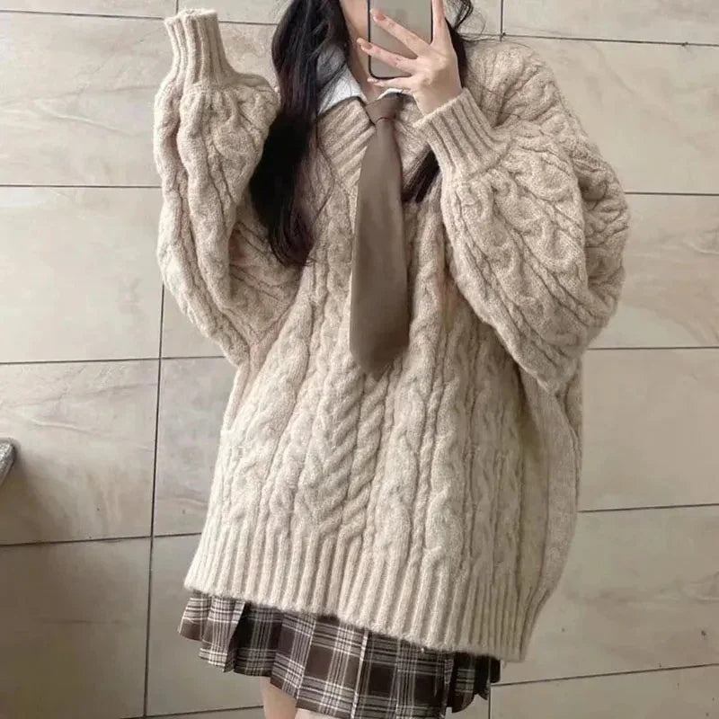 Vintage Oversized Strickpullover mit V-Ausschnitt