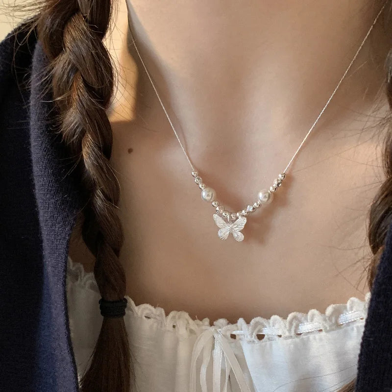 Elegant Sterling Silver Butterfly Pearl Necklace