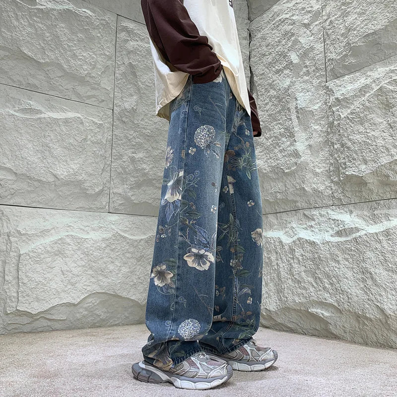 Oversized Jeans mit Blumenmuster und weitem Bein