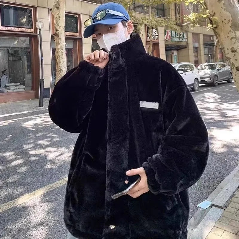 Veste en laine et fausse fourrure à blocs de couleur double face