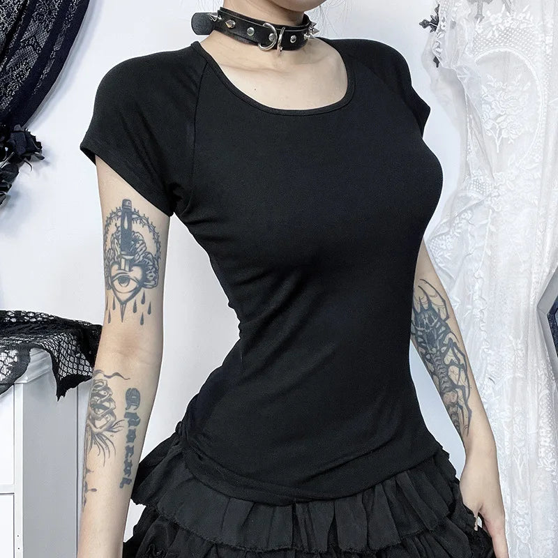 Dunkelgraues, transparentes, rückenfreies T-Shirt aus Mesh mit Gothic-Einsatz