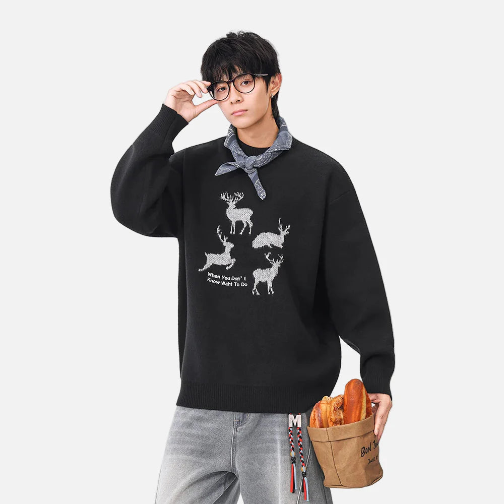 Bequemer Pullover mit Hirsch- und Weihnachtsmann-Print