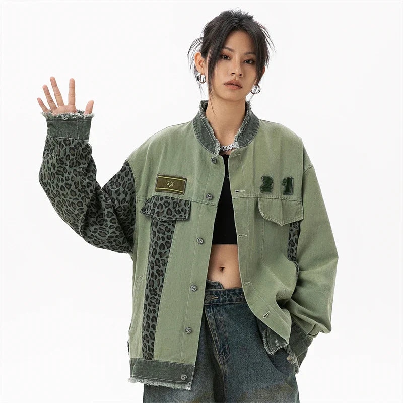 Luxuriöse grüne Patchwork-Jeansjacke
