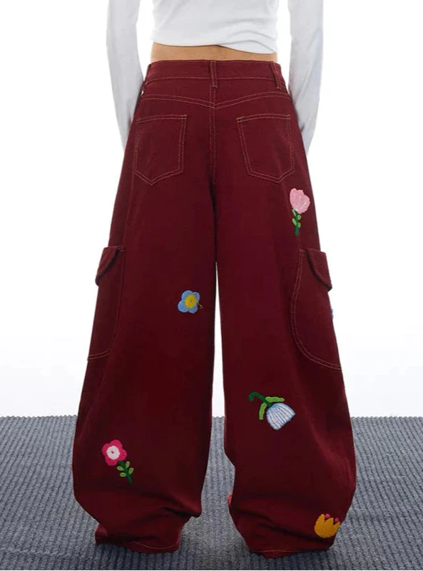 Y2K Vielseitige rote Cargo-Jeans im Stil der 2000er Jahre mit Blumenmuster