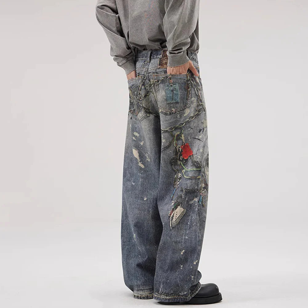 Y2K-Jeans mit Kettenverzierung und weitem Bein