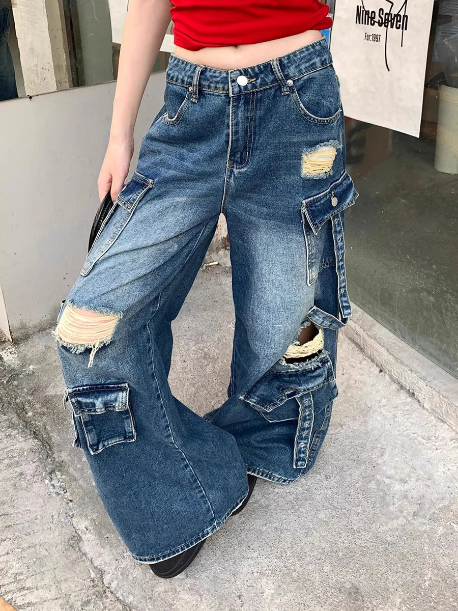 Jean cargo déchiré taille basse coupe ample