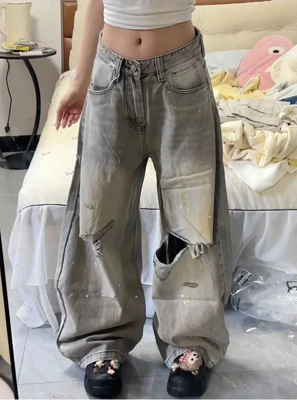 Streetwear Casual Vintage Graue High Waist Weite Jeans