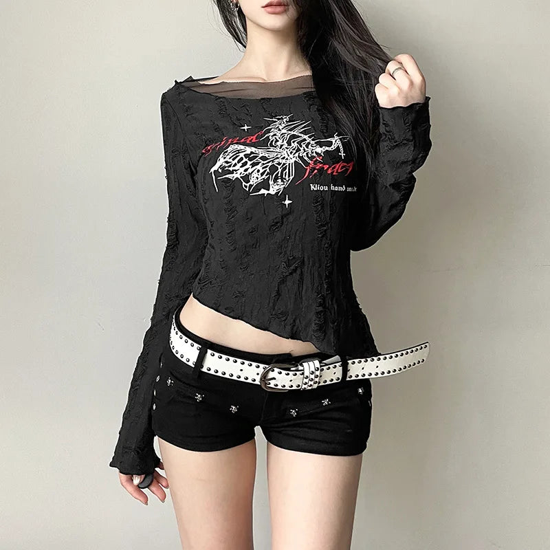 Langes T-Shirt mit dunklem Punk-Mesh-Patchwork